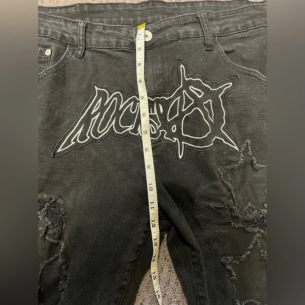 Black Rockstar Distressed Baggy Denim Men’s Jeans with Star Patches Size 40